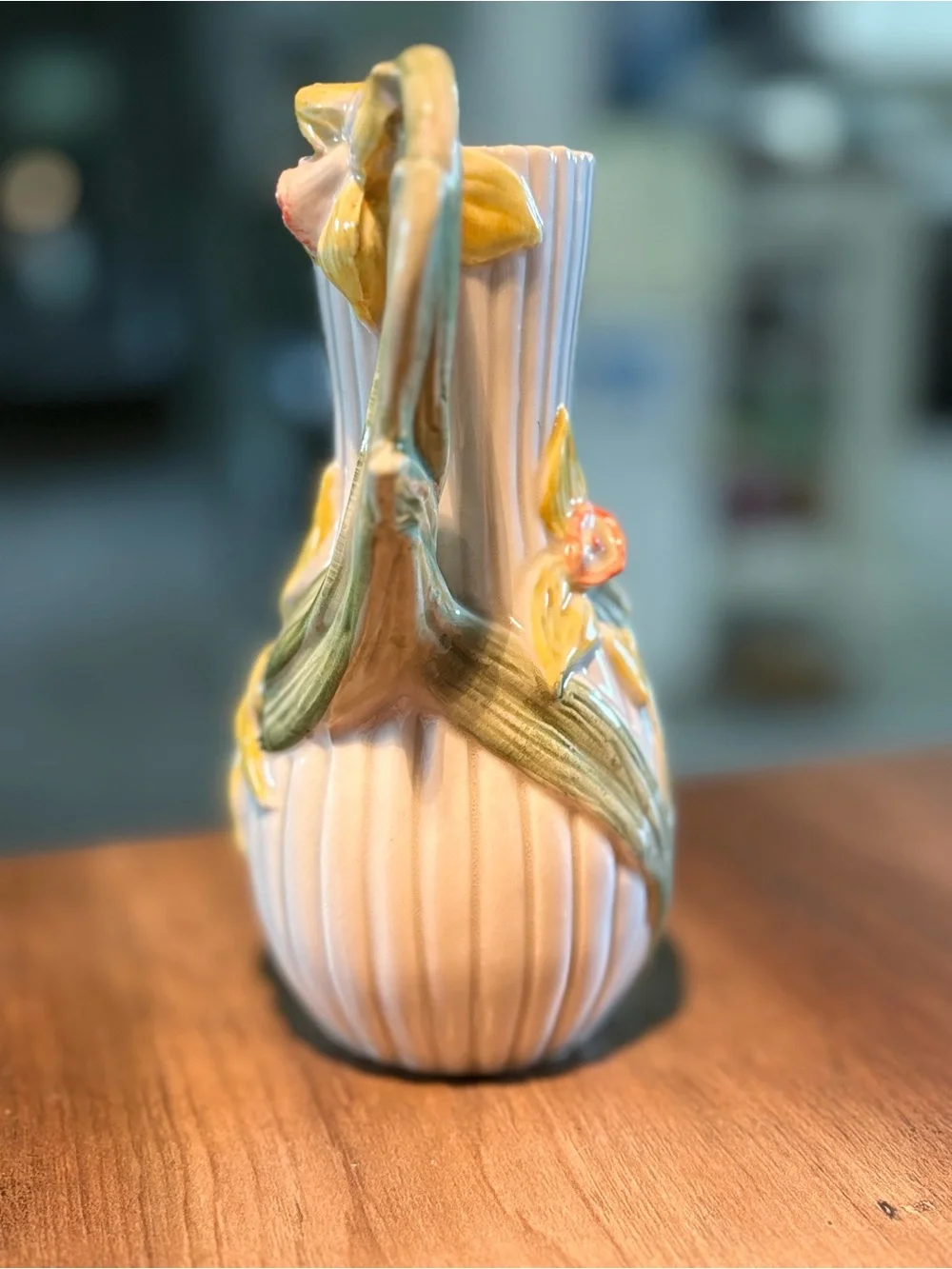 Vintage 1970s Fitz & Floyd Japan Daffodil Flower Vase Ceramic Applied Floral FF